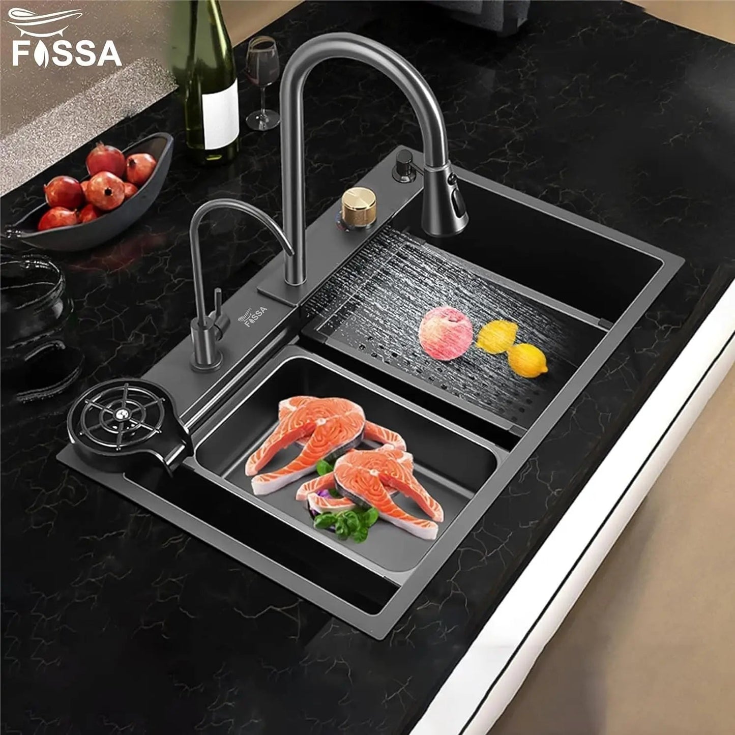 Fossa 32"x18"x10" inch Single Bowl Premium Waterfall Kitchen Sink Honeycomb Embossed Sink with White Nano Coating, Stainless Steel, Rectangular Workstation, Faucet With All Accessories.-4