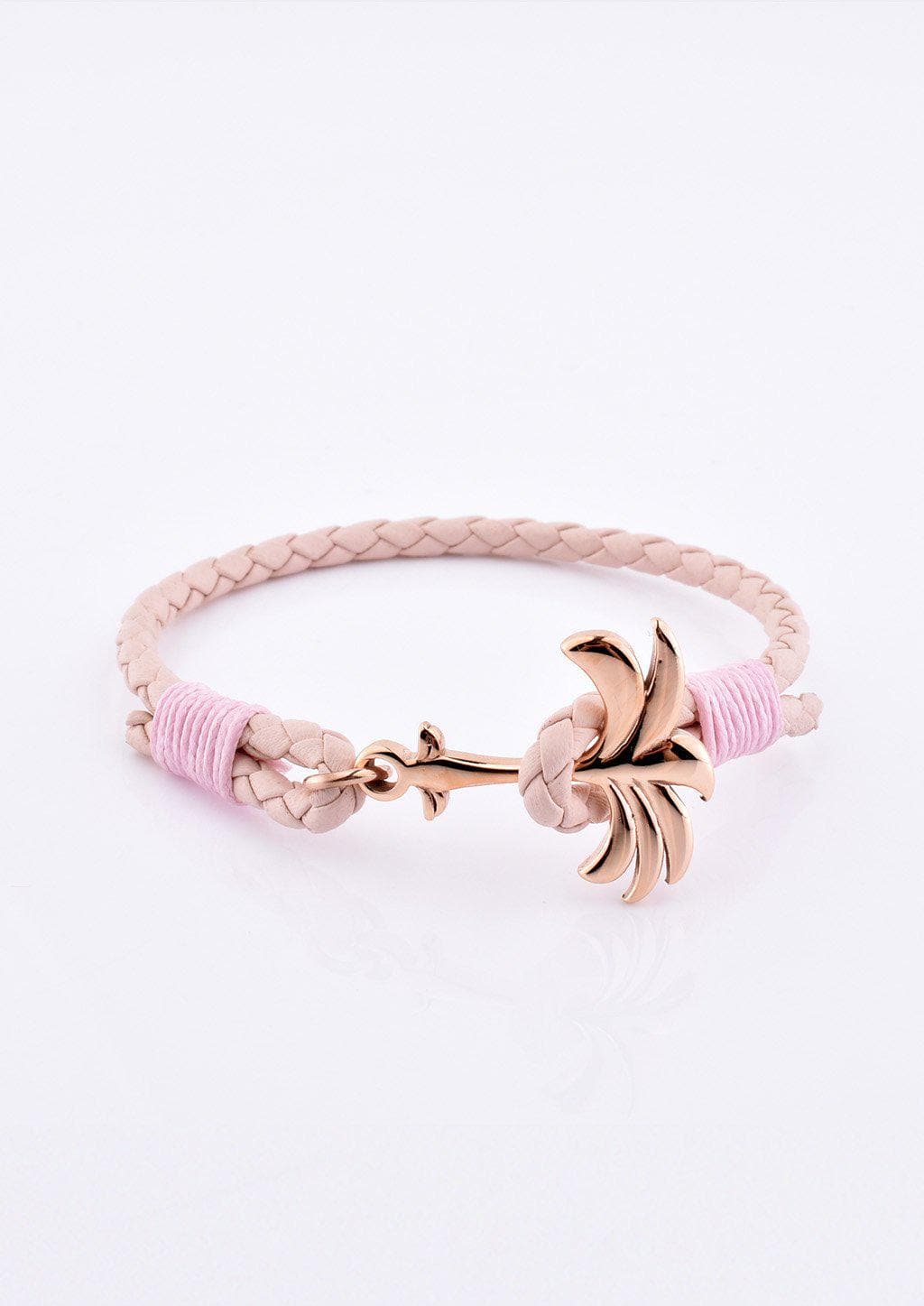 Palmband – Rosette | Rosa Läderarmband med Palmformad Hake i Roséguld