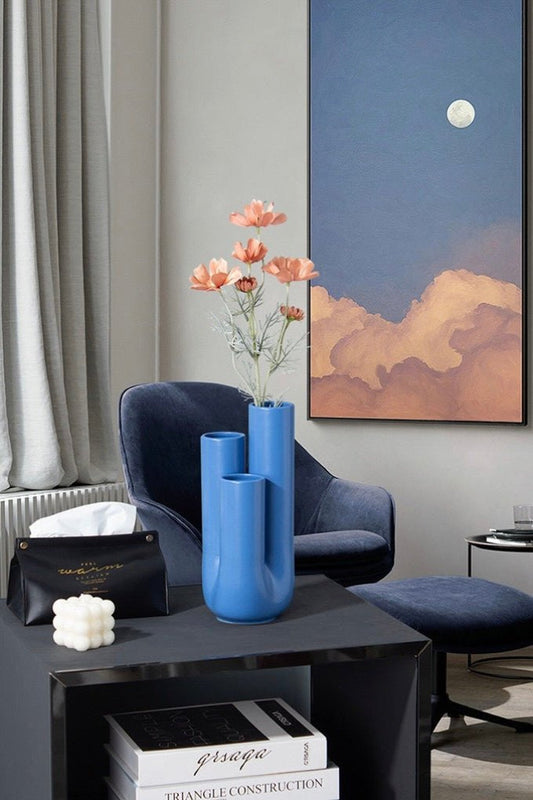 Handgjord “Funky Memphis” Vas i Keramik – Triple Stems Design | Dekorativ Blomvas